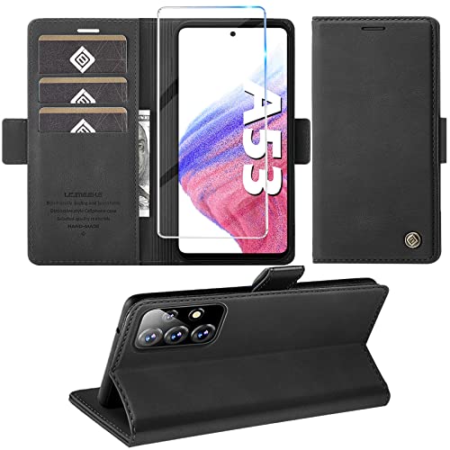 für Samsung Galaxy A53 5G Hülle mit Panzerglas Schutzfolie, Handyhülle Galaxy A53 5G Standfunktion Kartenfach Wallet Premium Leder Schutzhülle A53 5G Flip Case Cover Stoßfeste Klapphülle (Schwarz) Cover