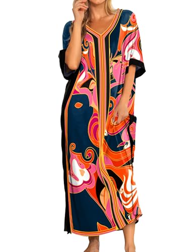 Image of Bloggerlove Women Nightgowns Cotton Caftan House Dress Short Sleeve Sleepwear Vacation Beach Moo Moos Dress with Pockets