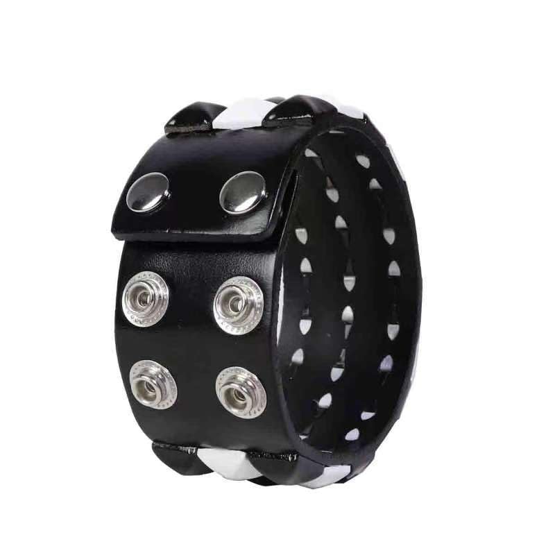 Black White Punk Genuine Leather Bracelet Cuff with Spikes Studs Rivets - Adjustable Metal Wristband for Men Women, Gothic Halloween Accessories3