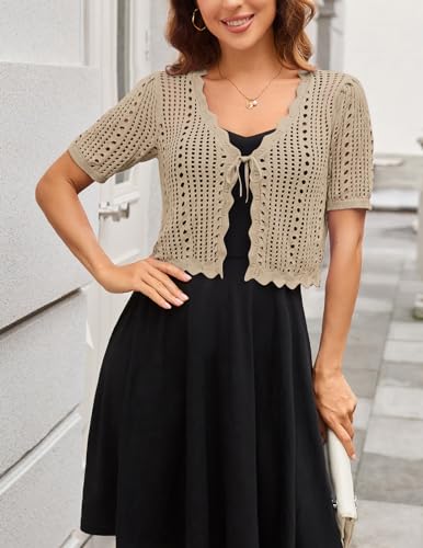 Image of Kate Kasin Women Crochet Shrug Knit Sweater, Short Sleeve Cropped Cardigan | Tie Front Tops Light Weight, Knit Cover Up Arm Bolero For Evening Dresses Dressy Casual, Ladies Eyelet Shawl Thin Formal