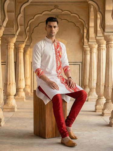 Image of Men's Jamdani Printed Kurta Pajama Set | Pure Cotton Ethnic Kurta with Mandarin Collar & Dupion Silk Pyjama | Festive & Weddings 303A12A 303SB12B(M XXL)