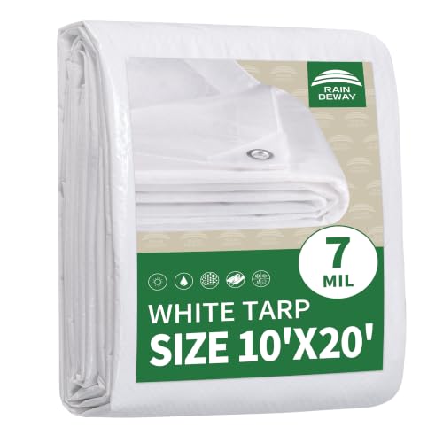 RAINDEWAY White Tarp 10x20 Feet 7Mil Thick Finished Size UV Resistant Multipurpose Poly Tarps Cover with Metal Grommets and Reinforced Edges