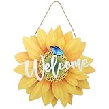 LALAFINA 木製ひまわりと蝶の玄関飾り 自然な農家ドアサイン フロントドア用ウェルカムサイン 店舗 家の壁掛け装飾