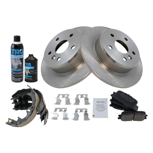 Image of TRQ Rear Brake Pad & Rotor Kit, with Chemical Kit Parking Brake Shoe Set Ceramic Compatible with 2001-2003 Toyota Highlander