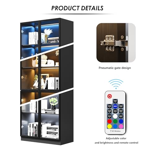 Display Storage Cabinet with Glass Door, LED Lights,Showcase for Collections, Perfume, Vinyl Albums, Bookcase for Home Office, Living Room, Clinic, Pantry (5 Layers-Black)