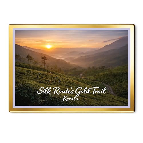Image of Decorative Fridge Magnet with Glowing Border | Pack of 1 (Silk Route's Gold Trail, Kerala, 3x2 inch - Golden Border)
