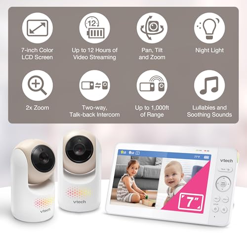Image of VTech Baby Monitor No WiFi, 2 Cameras, 7 inch Split IPS Screen, 5000mAh 12Hr Battery, 360 Pan Tilt Zoom, Night Vision, Night Light | Advanced Max Twin Tan