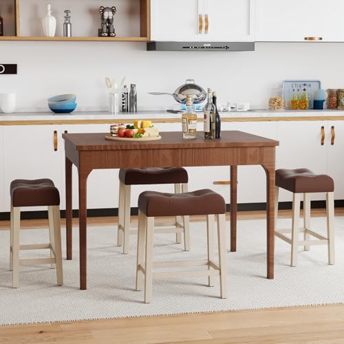 Image of Giantex 24 inch Bar Stools Set of 4, Upholstered Counter Height Saddle Bar Stools with Footrest and Wood Legs, Farmhouse Faux Leather Backless Barstools for Kitchen Island, Dining Room, Cafe, Brown+Beige