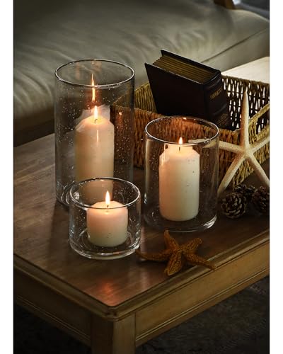Ariamotion HURRICANE-CANDLE-HOLDERS Hurricane Candle Holders For Pillar Hand Blown Glass Cylinder Vases Table Decoration Centerpiece Floral Room Decor Clear Seeded Bubbles Living Dining Kitchen Island 10 Inch 7 Inch 4 Inch Set Of 3 thumb #7