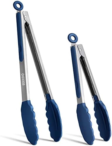 EEKEDO Kitchen Tongs, Stainless Steel Silicone Tongs for Cooking 600ºF High Heat-Resistant BBQ Grilling Locking Tongs, Set of 2-9" and 12" Classic Blue