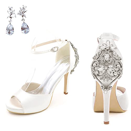 Image of Lady Satin Dress Platform High Heels Wedding Sandals Crystal Back with Free Earrings