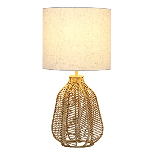 Elegant Designs LT2106-NAT 21" Tall Boho Coastal Inspired Rustic Paper Rope Rattan Wicker Look Standard Table Desk Nightstand Lamp with Light Beige Fabric Linen Shade, Natural - Image 2