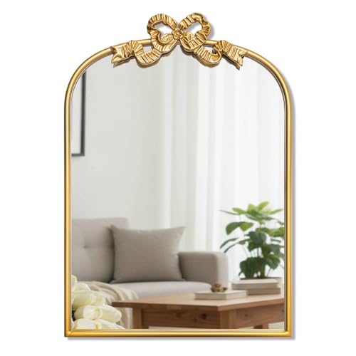 Image of Vercraft Gold Bow Mirror 27 inchx19 inch Vintage Arched Vanity Wall Decorative Mirror with Metal Frame Antique Baroque Bow Decor for Home Dressing Table Entryway Bathroom Hallway Living Room
