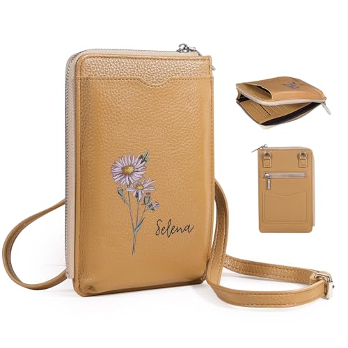 Personalized Leather Birthflower Wallet for Daughter - Custom Hold Phone Purse with Wrist Strap for Women Wife Engraved Name Money Clip for Mom Sister Gifts for Valentine's Day Christmas Birthday