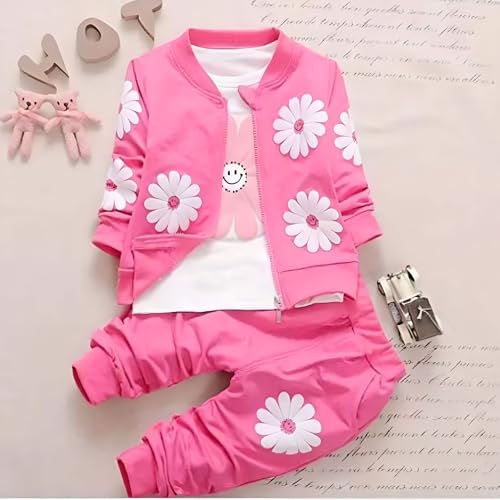 Image of 4YOU DRESSES Beautiful Cotton Fabric Full SleeveWhite Tshirt With Pink Jaket and Track Pant (3piece) Set For Girls