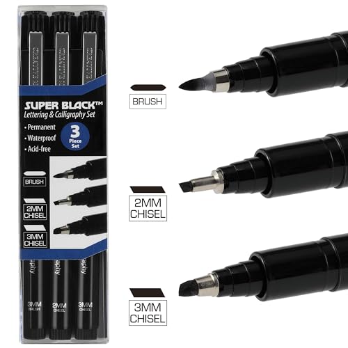 Image of Creative Mark Calligraphy & Fineliner Pen Set Lettering Drawing Super Black, Permanent, Waterproof, Acid-Free Chisel Nylon-Nibs Pens & Medium Brush Tip - [Lettering & Calligraphy Set of 3]
