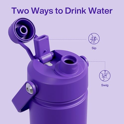 Image of Kids Insulated Water Bottle with Straw - 12oz Stainless Steel Water Bottle with Dual Spouts, Leak-Proof, BPA-Free, Double Wall Vacuum Keeps Cold for 24 Hours for Sports, Travel, School (Violet)