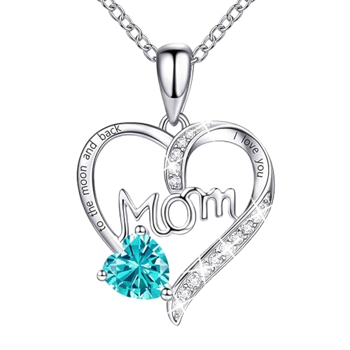 ORICU Love Heart Pendant Necklaces for Women, Mother's Day Gifts for Mom Grandma Wife from Daughter Son, I Love You Mom (With gift box) (Blue)