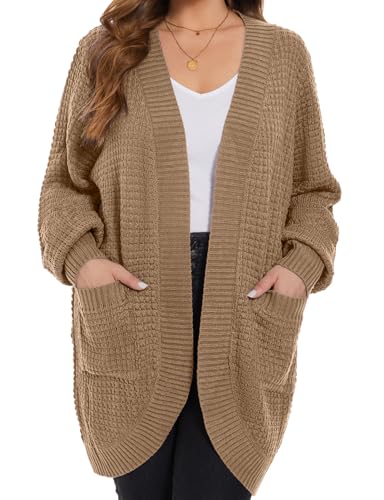 Image of MONNURO Womens Plus Size Open Front Cardigan Waffle Knit Long Sleeve Sweaters Tops Fall Coat Outerwear with Pockets