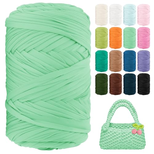 Image of T Shirt Yarn 130 Yards Beginner Crochet Tshirt Yarn 400g Elastic Fabric Thick T-Shirt Yarns for Crocheting, Knitting Bags, Baskets, Rugs, Coasters, DIY Crafts, Home Decor (Mint Green)