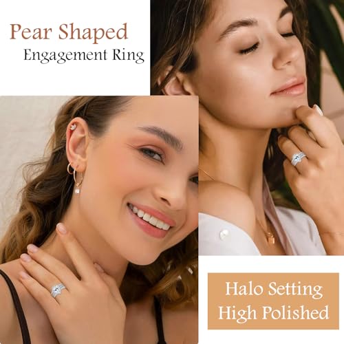 6CT Pear Shaped Engagement Ring, Bridal Promise Wedding 5A Cubic Zirconia 2-in-1 White Gold Plated Band Set for Women, Size 5-104
