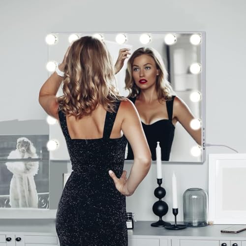 FENCHILIN Vanity Mirror with Lights, Hollywood Lighted Makeup Mirror with 15 Dimmable LED Bulbs for Dressing Room & Bedroom, Slim Metal Frame Design, Tabletop White by FENCHILIN - Image 7