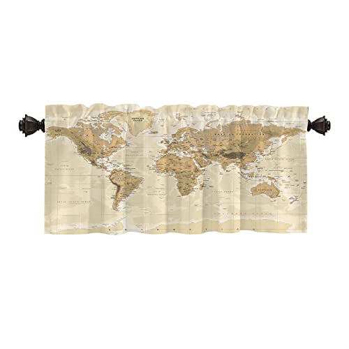 Batmerry Cortinas vintage con cenefa de mapa, diseño de mapa físico del mundo de Canadá, océano, mediterráneo, cenefas de cocina, cenefas de poliéster multicapa opacas para sala de estar/baño, 52 x 18