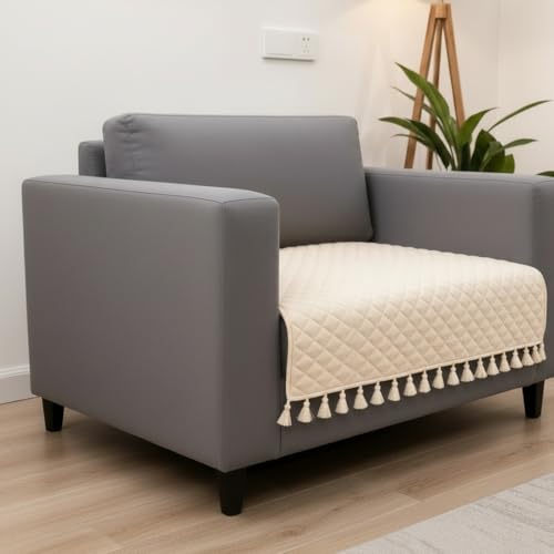 Image of HOMEMONDE 1 Seater Quilted Velvet Sofa Cover with Tassels |Soft, Durable & Premium Fabric with Tassels | Sofa Cover Mats for Living Room, Bedroom, or Drawing Room (76 X 61 CM, Beige)