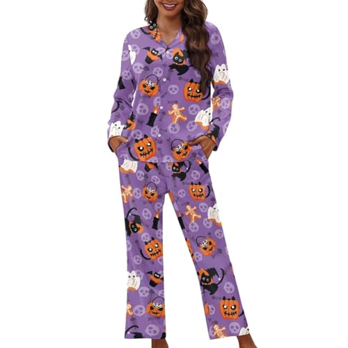 Pyjama femme respirant ensemble haut manches longues et pantalon violet M