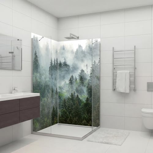 Dedeco Eck-Duschrückwand wasserfest als Badrückwand zum Fliesenersatz, als Dekorwand, Wandverkleidung Duschplatte Motiv: Wald V1 Aluminium 3mm 2x 210 x 90 cm UV-Lack matt