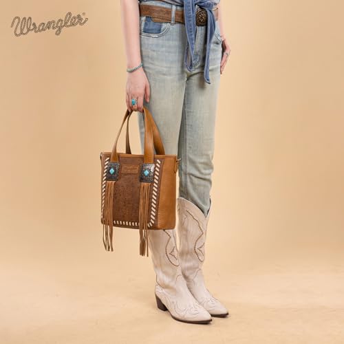 Image of Montana West Wrangler Cowhide Tote Bag for Women Western Tooling Handbag Leather Fringing with Turquoise Stone Concho