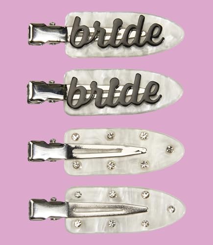 Funky Junque Bride Hair Clips – 4pc Set, No-Crease Bridal Hair Accessories with Blue Script & Rhinestones for Bachelorette, Wedding Day, Makeup, and Beauty Prep - Bride - Black