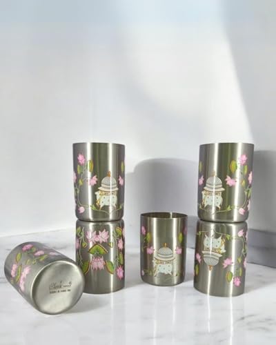 Image of Classic Steels Stainless Steel - Multipurpose Kamal Kunj Designer Glass Set for Home & Office | Ideal for Serving Water, Juice, Cold Drinks & Lemonade | Ideal Gift Choice | Pack of 6 | 300 ML Each