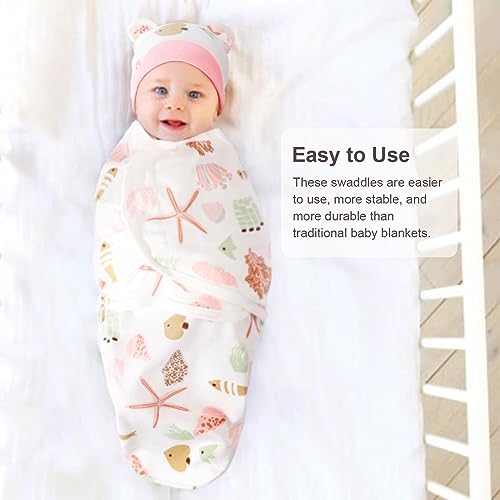 Image of DRESHOW BQUBO 3 Pack Newborn Baby Swaddle Blanket with Hats Infant Adjustable Velcro Swaddling Wraps with Bear Ears Cap for 6-12 Lbs Newborns & 0-3 Months Girls Boys