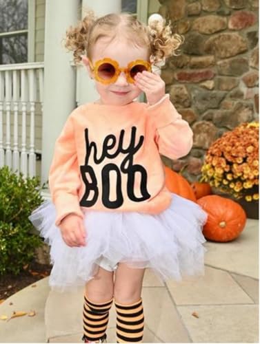 Image of FYBITBO Halloween Outfits For Toddler Girls Baby Kids Boo Sweatshirt Long Sleeve Shirt Tutu Skirt Dress Fall Clothes Sets