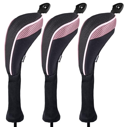 Andux 3 Pack Long Neck Golf Hybrid Club Head Covers Dial No. Tag CTMT-01 Black/Pink