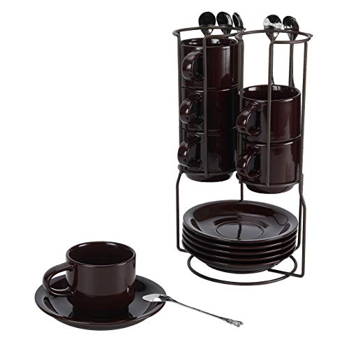 TQVAI Stackable 4 Ounce Espresso Cups with Saucers Tea Spoons and Metal Coffee Mugs Stand - Set of 6 Brown