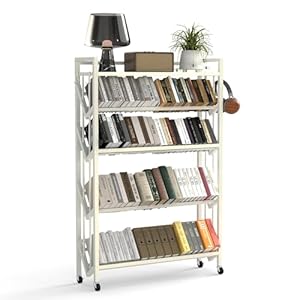 Book Carts 5 Tier 57.7×35.5×10 in Rolling Book Cart Large Capacity Bookshelf Storage Rack Mobile Book Storage with Wheels Cart for Home Office Living Room Classroom (5 Tier White)