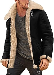 EMAlusher Men's Casual Jacket Fleece Winter Jacket Outdoor Cargo Aviator Jacket Military Winter Parka Leather Coat Lambskin Coat Shearling Sheepskin Plush Jacket Thick Pullover, Black, XXXL