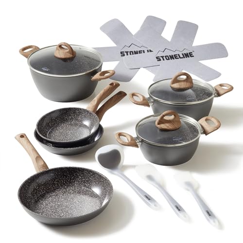 STONELINE Ceramic Keramikpfanne Töpfe Set 14 teilig 18/20/24cm Töpfe Pfannen PFAS-frei Topfset Pfannenset Induktion Kochgeschirr Set mit Deckel Keramikbeschichtung mit echten Steinpartikeln, Holzoptik