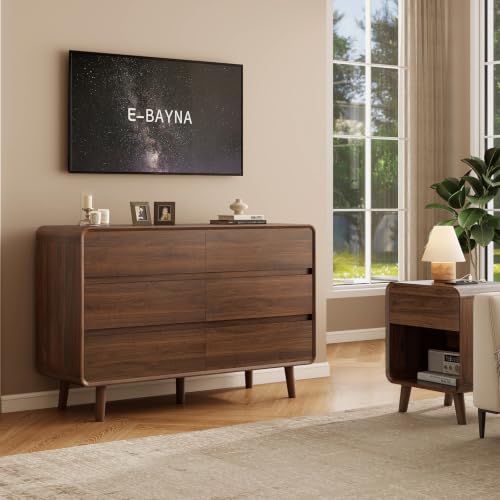 Image of Nasonet 6 Drawer Dresser for Bedroom, 47'' Wide Mid Century Modern Dressers & Chests of Drawers, Wood Storage Drawer Dressers for Hallway, Home Office, Walnut