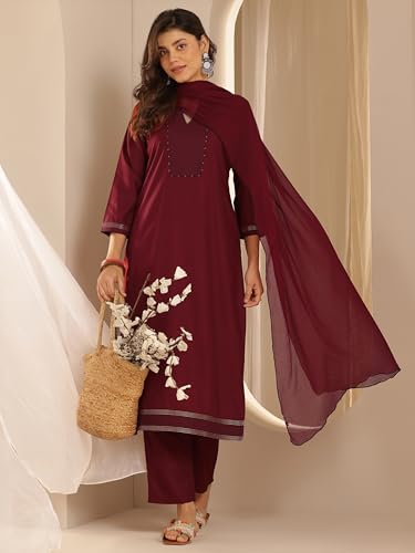Image of Libas Maroon Yoke Design Viscose Straight Kurta set for Women | daily wear suit