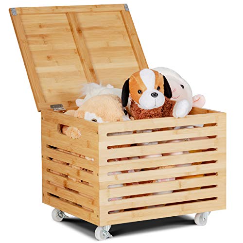 COSTWAY Coffre a Jouet en Bambou, Coffre de Rangement Bois avec 4 Roulettes et Couvercle, Design Latte, Boîte de Rangement pour Documents, Jouets,...