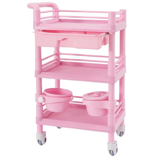 Medical Mobile Trolley Cart Esthetician Cart 176 Lbs Load, 3-Tier Utility Carts with Drawer & 2 Trash Cans, Portable Salon Rolling Trolley with 4 Wheels (Pink)
