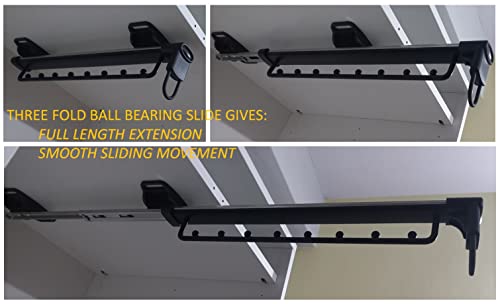 Black 46cm or 18 Inch Long Closet Rail Top-Mounted Sliding Pull Out Wardrobe Clothes Hanger Rack Telescoping 3Fold Smooth Ball Bearing Storage Organizer Metal 1 Piece - Image 3