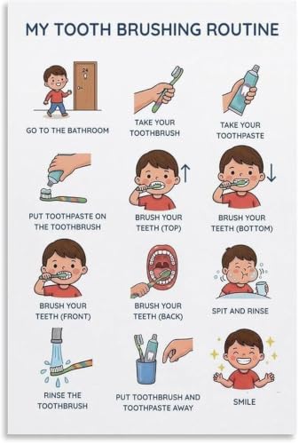 Tableau routine brossage de dents autisme TDAH pour enfant avec cadre 40x60cm