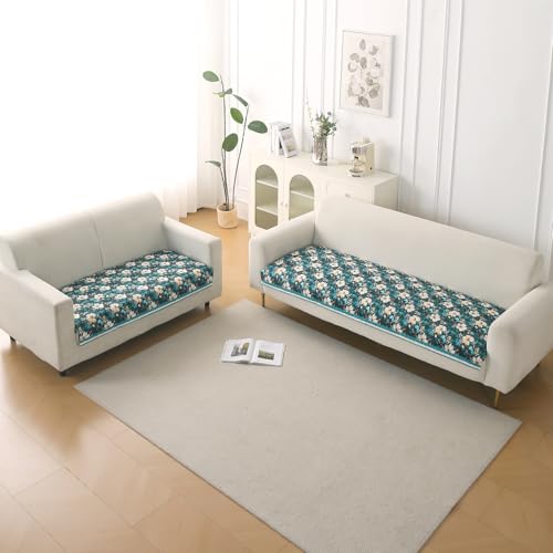 Image of HOKIPO 'Florentina Series' Premium Holland Velvet 5 Seater Sofa Cover Mat in 3+2 Configuration with Foam Filling for Extra Softness, Anti-Slip Backing, Pansies Teal (IN-881+879-V5)
