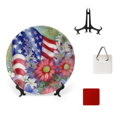 KUYT Patriotic Welcome Flower Bone China Decorative Plate Ceramic Decorative Plate for Home Office Wall Decor, with Vertical Stand Decorative Plates for Home Club