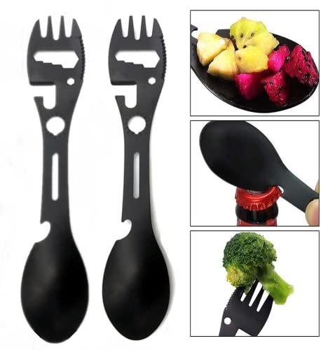 AIlysa Portátil Multifunción Cuchara Tenedor, 2 Piezas Spork Acero Inoxidable Cuchara, Cuchara Multifunción, Cuchara de Titanio Tenedor Cuchara Cuchillo Camping Abrebotellas para Acampar al Aire Libre Cover