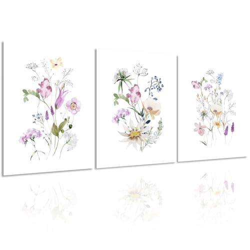 NymphFable Acuarela Flor de pared Póster de Decoración de Coloridas Impresiones Florales, Wildflower pared Póster para Dormitorio Decoración de la sala de estar 12x16 in Set de 3 Sin Marco
